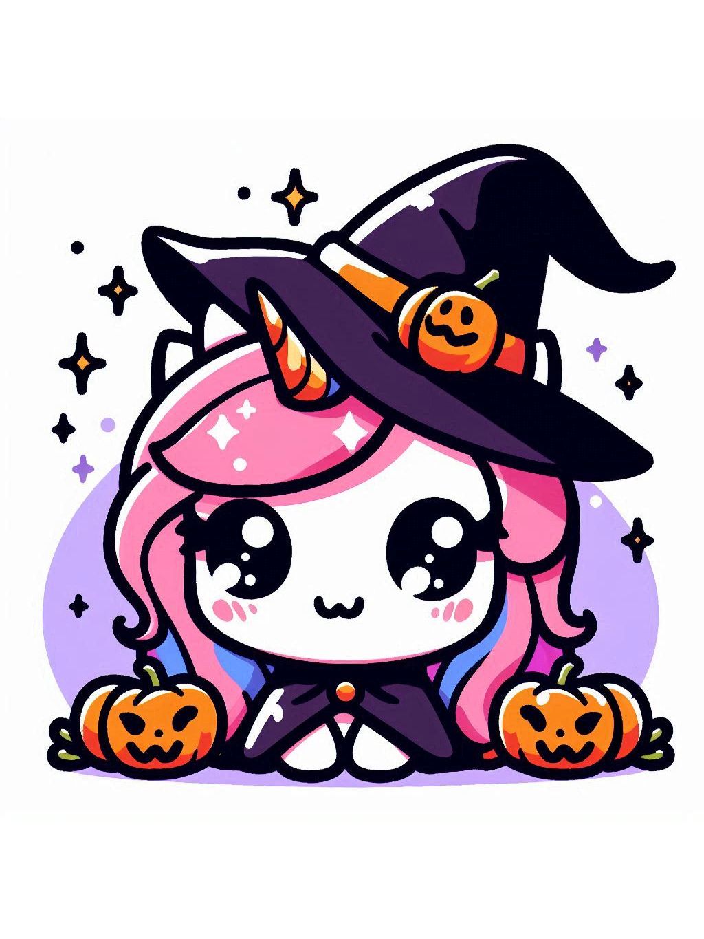 halloween unicorn illustration ideas featuring a cute unicorn wearing a witch hat, surrounded by pumpkin decorations.